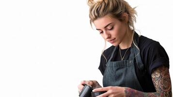 A woman with tattoos holding a coffee cup photo