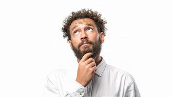 A man with a beard and a white shirt is thinking photo