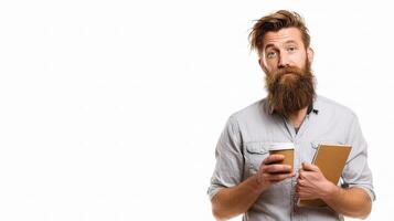 A bearded man with a beard holding a coffee cup and a notebook photo