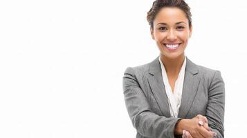 A woman in a business suit is holding her hands together photo