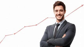 A man in a suit is smiling and holding up a graph photo