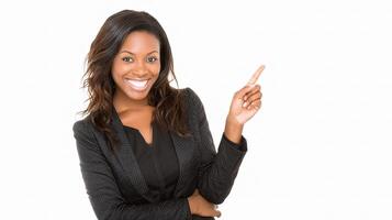A smiling black woman pointing at something photo
