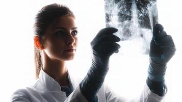 A woman in a lab coat holding up a x - ray photo