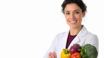 A woman in a lab coat holding a bunch of vegetables photo