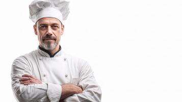 A man in a chef's uniform is standing with his arms crossed photo