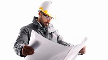 A man in a hard hat and glasses holding a blueprint photo