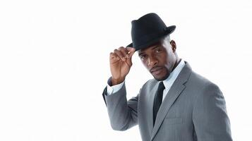 A man in a suit and hat is adjusting his hat photo