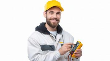 A man in a hard hat holding a digital thermometer photo