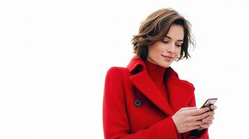 A woman in a red coat is looking at her phone photo
