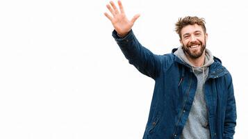 A man is waving his hand up in the air photo