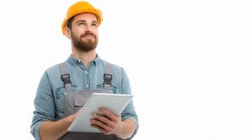 A man in a hard hat and overalls holding a tablet photo