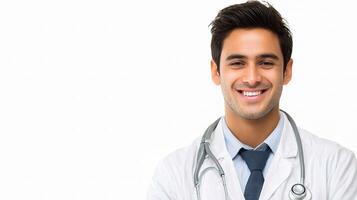 A male doctor smiling and wearing a white coat photo