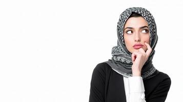 A woman wearing a headscarf is looking up photo