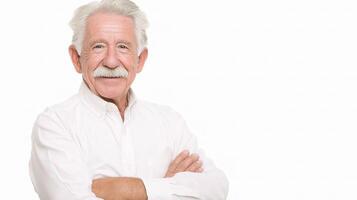An older man with a white shirt and a mustache photo