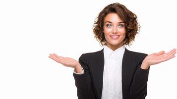 A woman in a business suit is holding her hands out photo