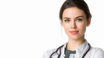 A woman in a white coat and stethoscope photo