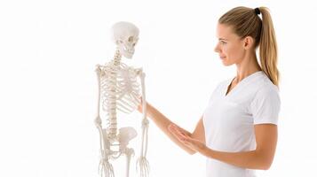 A woman is holding a skeleton model in front of her photo