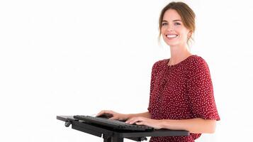 A woman is sitting at a computer keyboard photo
