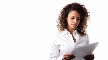A woman in a white shirt is reading a piece of paper photo