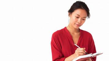A woman in a red shirt writing in a notebook photo