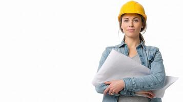 A woman in a hard hat holding a piece of paper photo