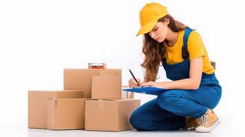 A woman in overalls and a hard hat writing on a clipboard photo