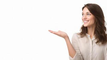A woman is pointing to something with her hand photo