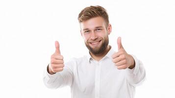 A man with a beard and shirt giving the thumbs up photo