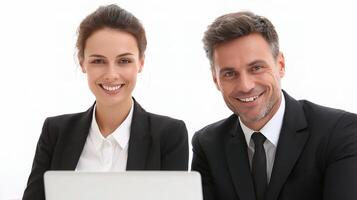 A man and woman in business attire are smiling while sitting in front of a laptop photo