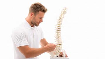 A man is holding a model of the spine photo