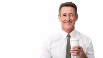 A man in a shirt and tie holding a cup of coffee photo