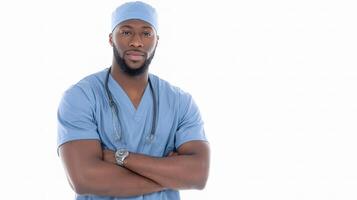 A black male doctor standing with his arms crossed photo