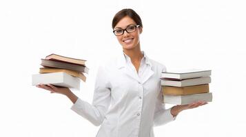 A woman in a lab coat holding a stack of books photo