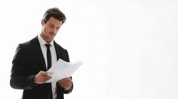 A man in a suit is reading a piece of paper photo