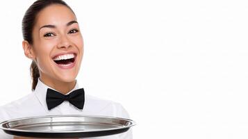 A woman in a white shirt and bow tie holding a tray photo