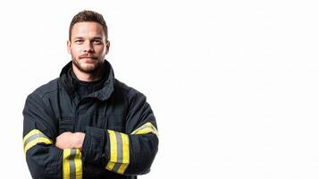 A man in a fireman uniform standing with his arms crossed photo