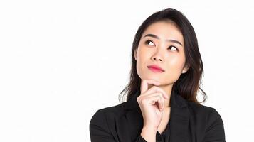 A woman in a black suit is thinking photo