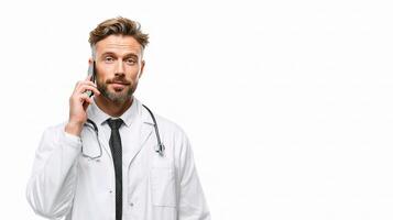 A male doctor talking on a cell phone photo