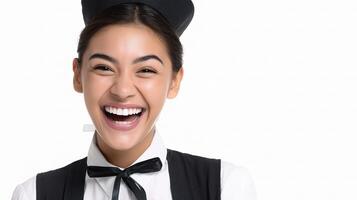 A woman wearing a black apron and a black bow tie photo