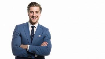 A man in a blue suit and tie is smiling photo