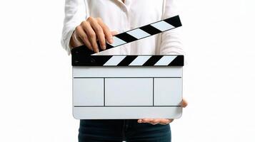 A person holding a clapper board in front of a white background photo