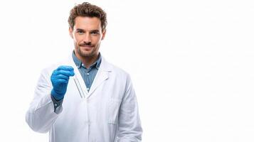 A man in a lab coat and blue gloves photo
