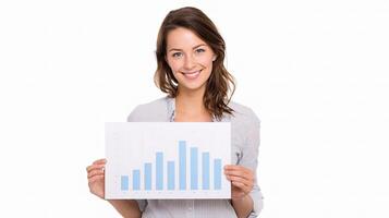 A woman holding a paper with a bar chart on it photo