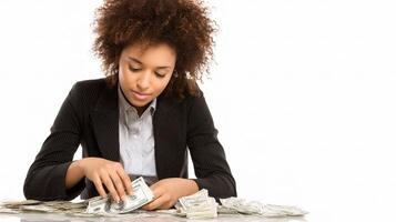 A woman in a business suit is counting money photo