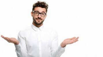 A man with glasses and a white shirt is holding something photo