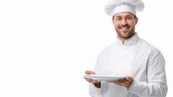 A smiling male chef holding a plate photo