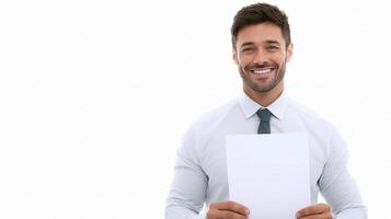 A smiling man holding a blank piece of paper photo