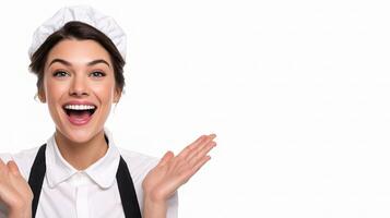 A woman in a chef's hat is making a surprised face photo