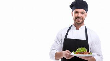 A man in an apron holding a plate with food photo