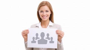 A woman holding up a paper with people on it photo